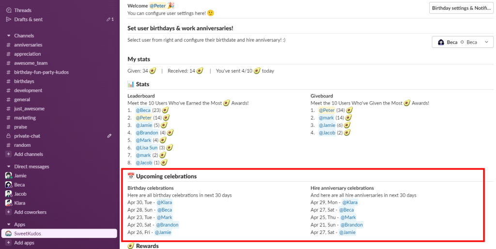 Slack Birthday Bot in Slack Workspace
