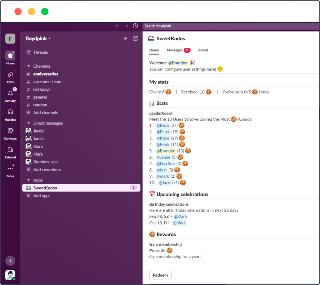 Employee Rewards Programs inside Slack
